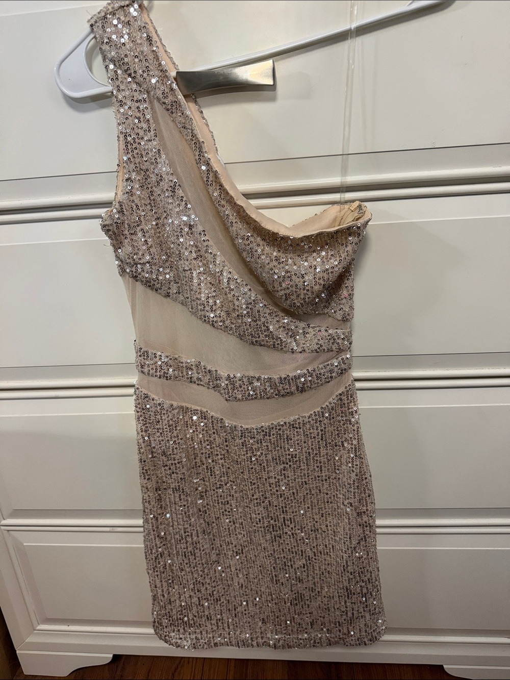 Fashion Nova One-Shoulder Sequin Dress in Champagne